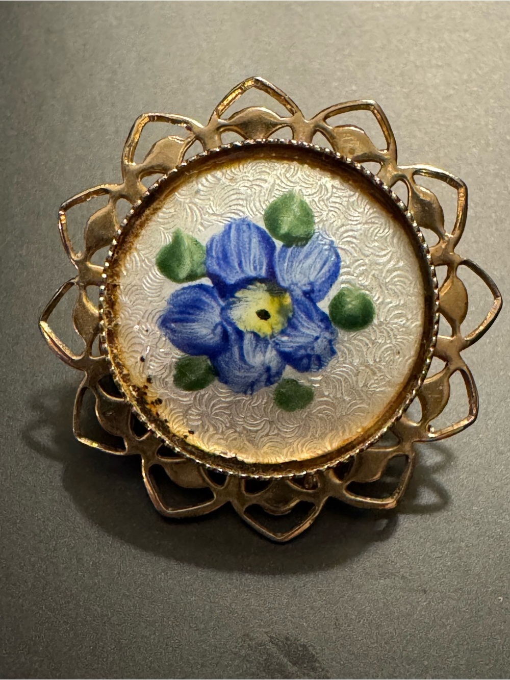 Vintage Guilloché Enamel Blue Floral Gold Tone Brooch Pin